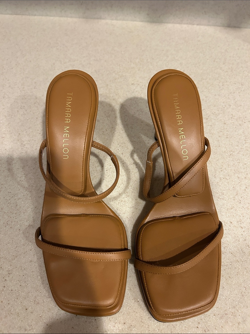 Tamara Mellon Cognac Leather Minimalist Strappy Heels